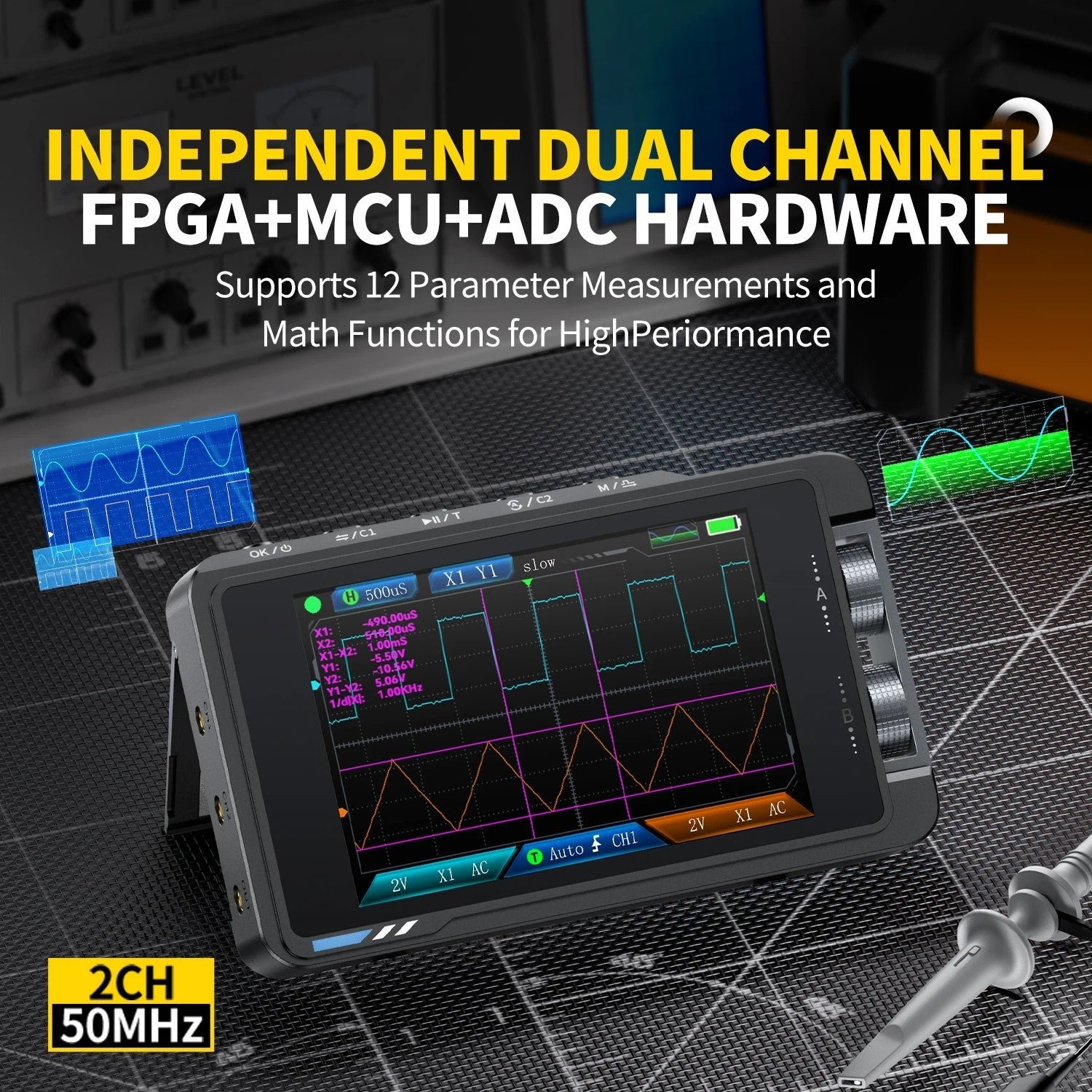 FNIRSI® DS215H 2-IN-1 50MHz 250MS/s Dual Channel Digital Oscilloscope DDS Function Singal Generator - Image 4