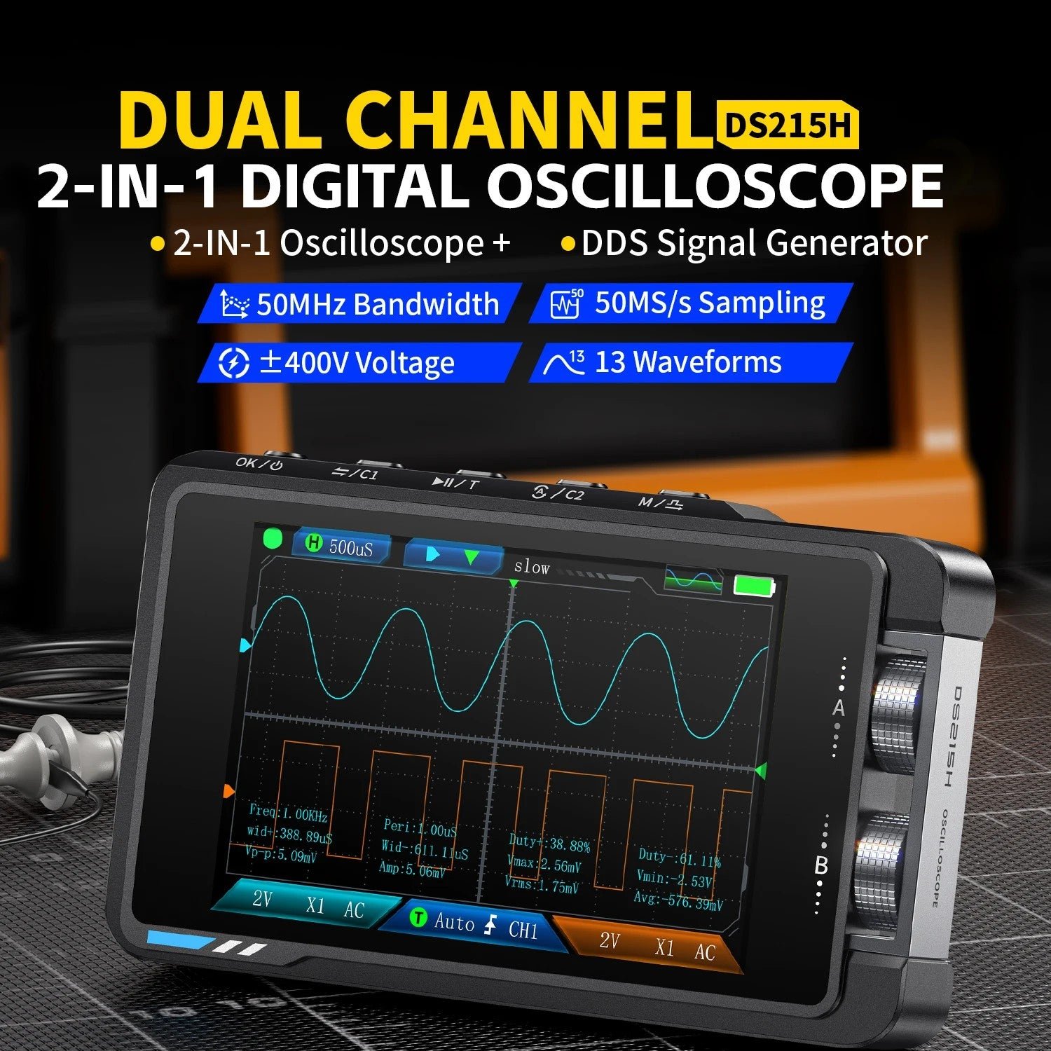FNIRSI® DS215H 2-IN-1 50MHz 250MS/s Dual Channel Digital Oscilloscope DDS Function Singal Generator - Image 3