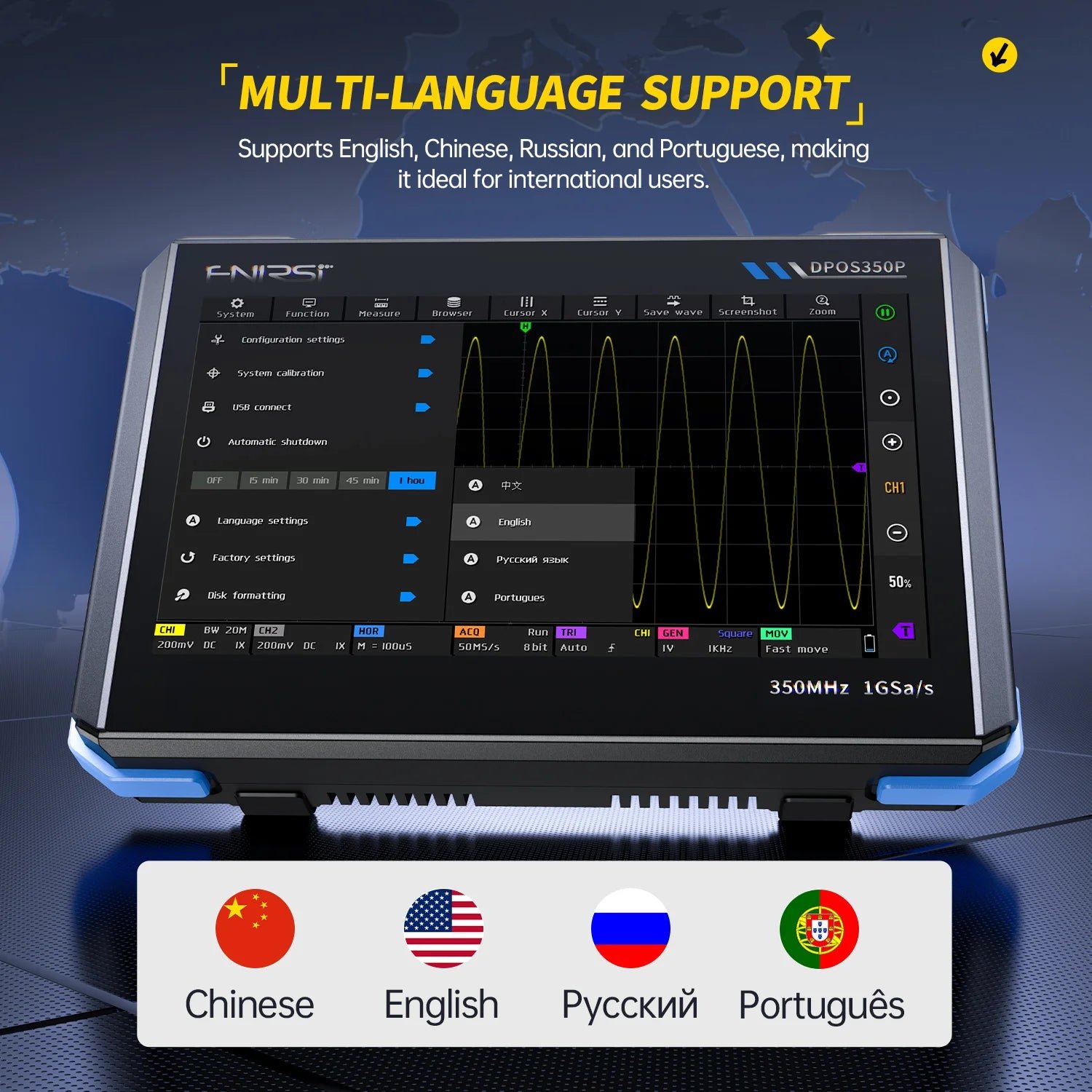 FNIRSI® DPOS350P 4-IN-1 350MHz 1GSPS Tablet Oscilloscope Signal Generator Spectrum Analyzer Frequency Response Analyzer - Image 8